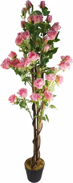 Artificial Pink Rose Tree with Textile Leaves and Freestanding Wood and Plastic Base, Height: 60 cm