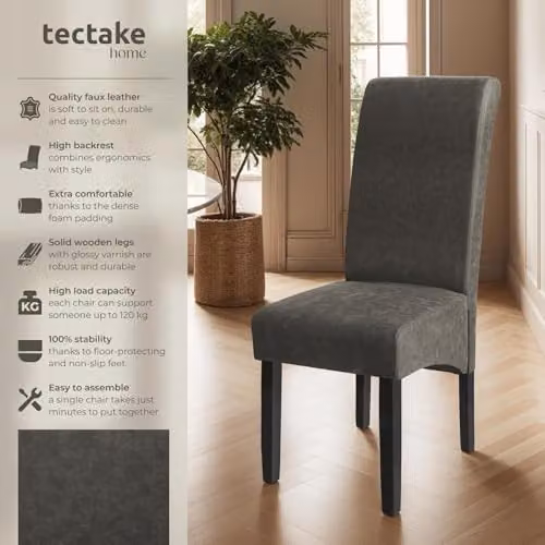 tectake Set of 2 Modern Dining Chairs with Synthetic Leather and Wood Legs in Grey – 4