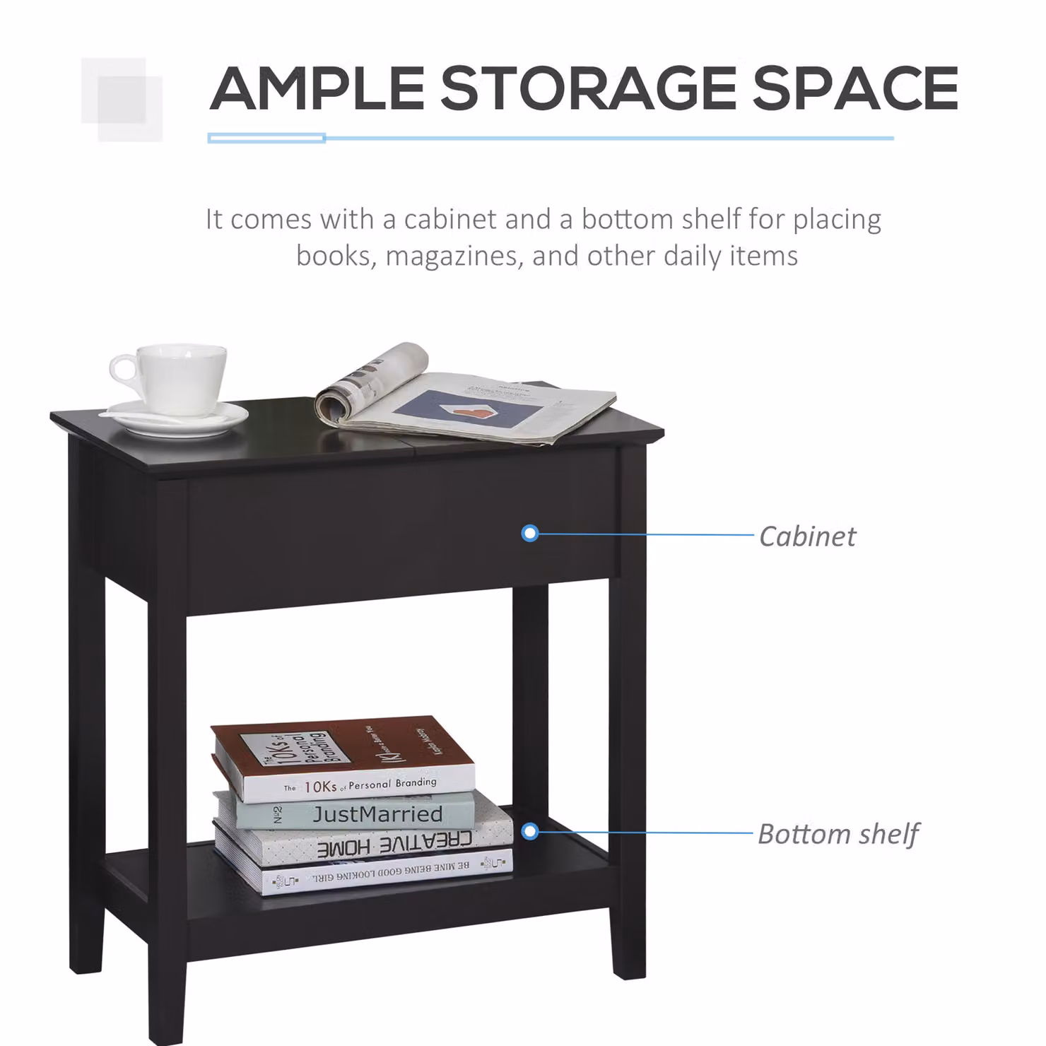 HOMCOM Minimalist Narrow Side Table with Flip Top and Shelf in Dark Coffee Brown – 6