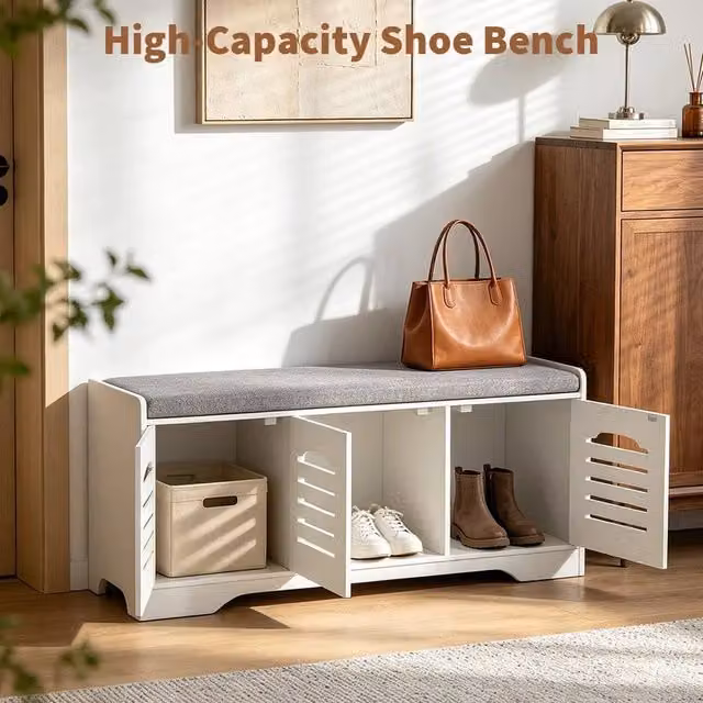 EONLION 3 Door Shoe Bench and Storage Cabinet Organiser in White, Width: 100 cm – 1