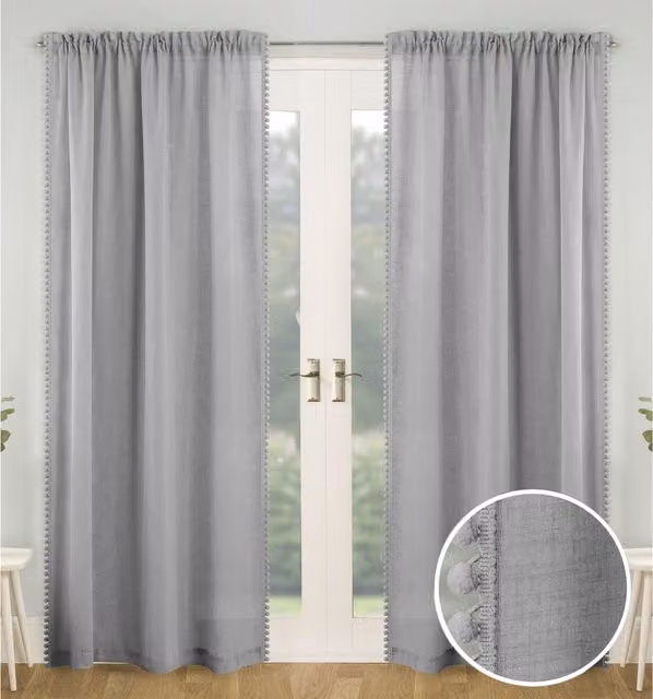Tyrone Textiles Pair of Grey Sheer Voile Fabric Panels with Rod Pocket and Pom-Pom Trim, Width: 122 cm