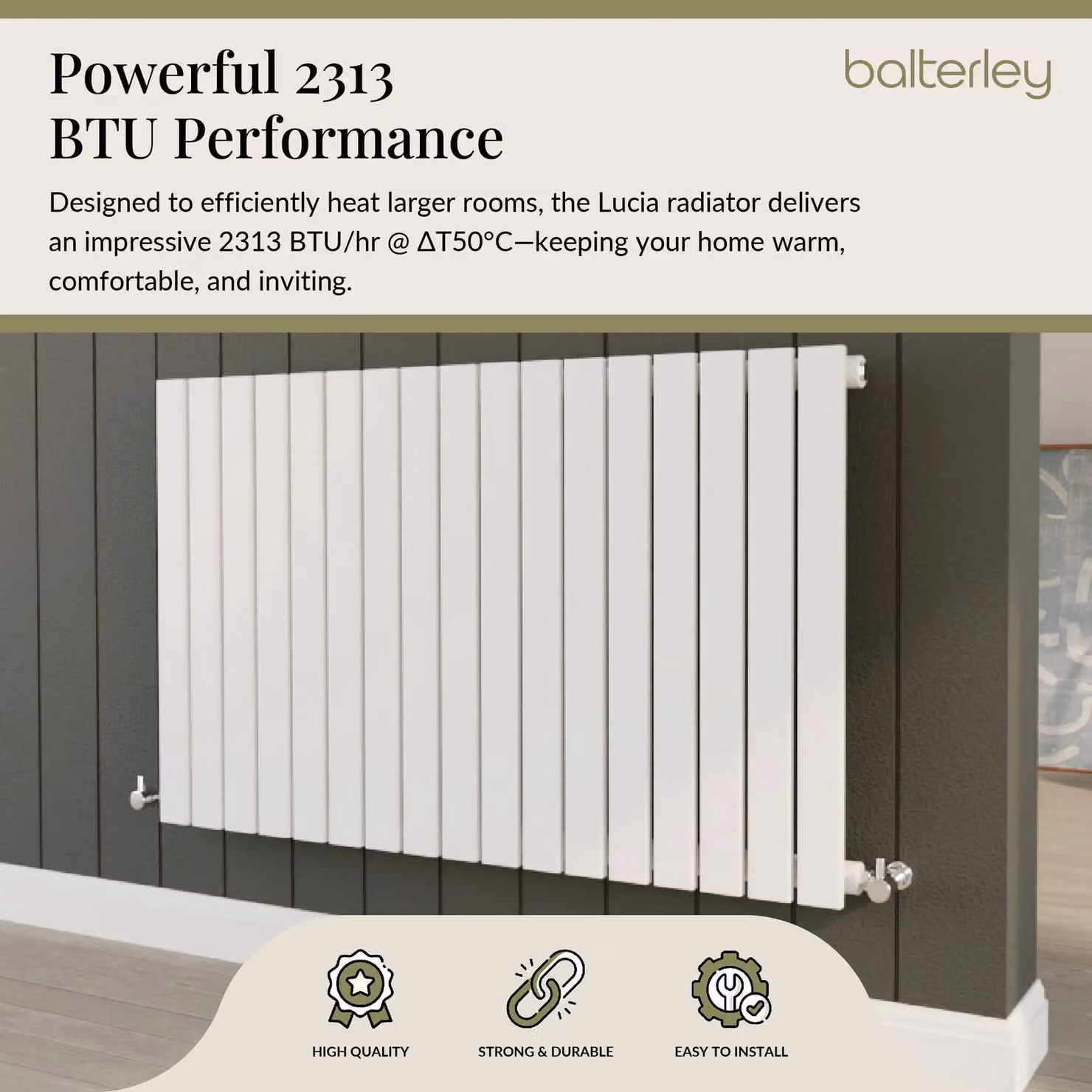 Balterley Lucia Square Horizontal Single Panel Radiator, White, H 99.2 cm x W 60.0 cm x D 10.6 cm – 2