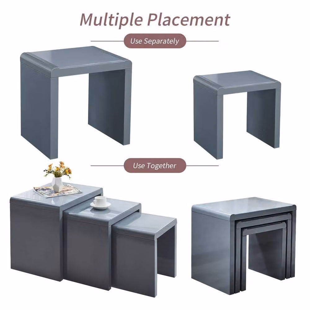 PAWNORA Nest of 3 Modern Grey Glossy Glass and Metal Coffee Tables – 3