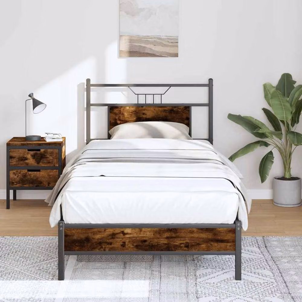 Berkfield Home Single Bed Frame in Smoked Oak and Brown Engineered Wood, W/D/H: 90 x 190 cm – 1
