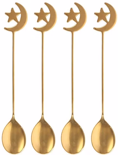 Something Different Star and Moon Gold Coated Metal Teaspoons, Pack of 4