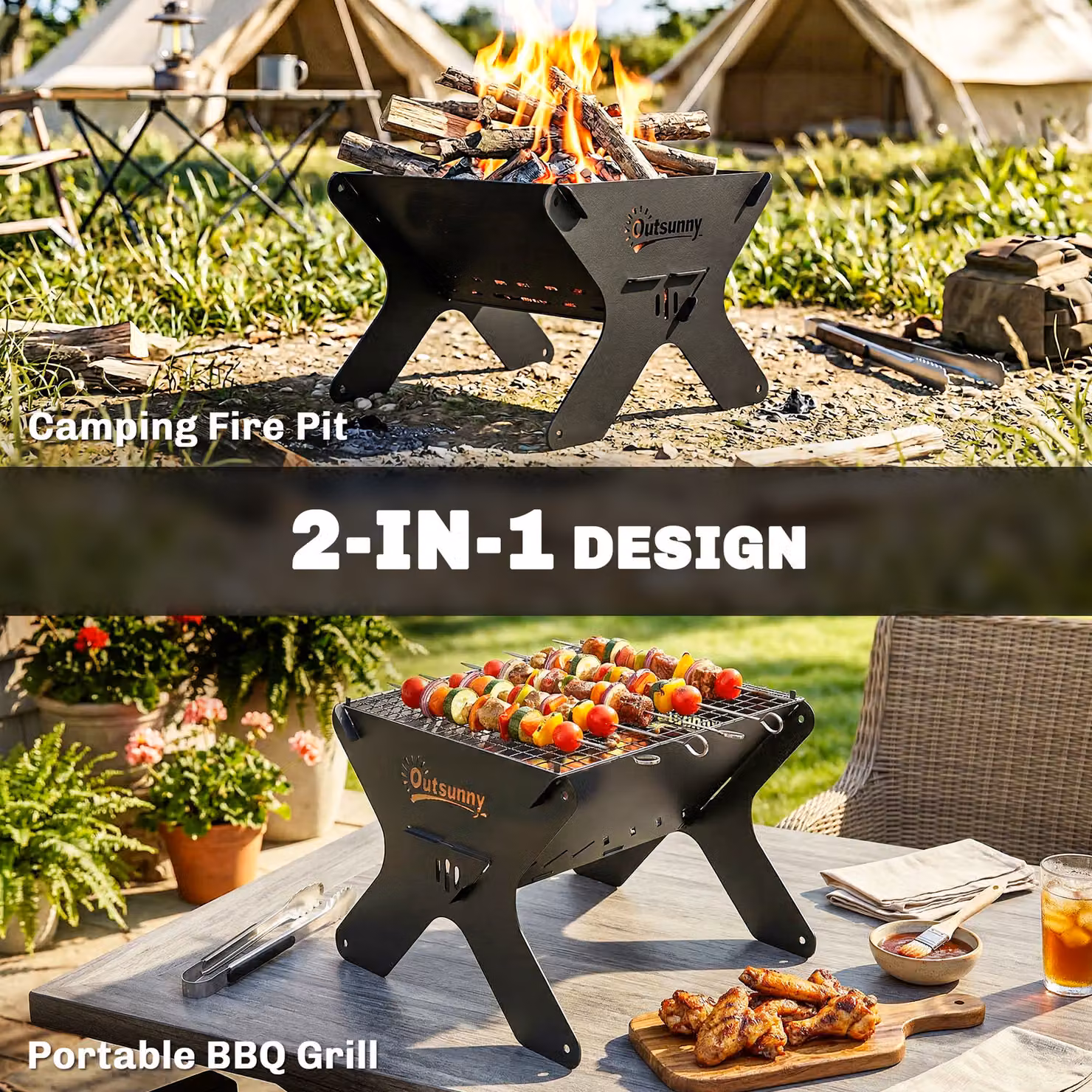 Outsunny 2-In-1 Portable Tabletop Charcoal BBQ Grill and Camping Fire Pit in Black with Carry Bag, Gloves and Gripper – 4