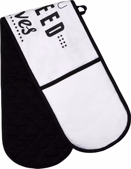 Orsina Double Oven Glove in Black and White with Witty Printed Design and Quilted Cotton Fabric