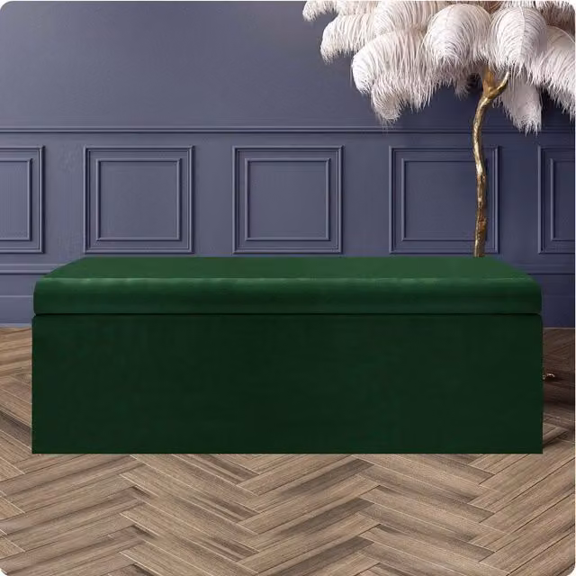 R&M Furnishers Large Plain Safar Storage Ottoman Box in Forest Green Plush Velvet