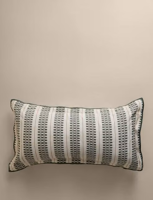 M&S Green Mix Pure Cotton Graphic Embroidered Rectangular Bolster Cushion