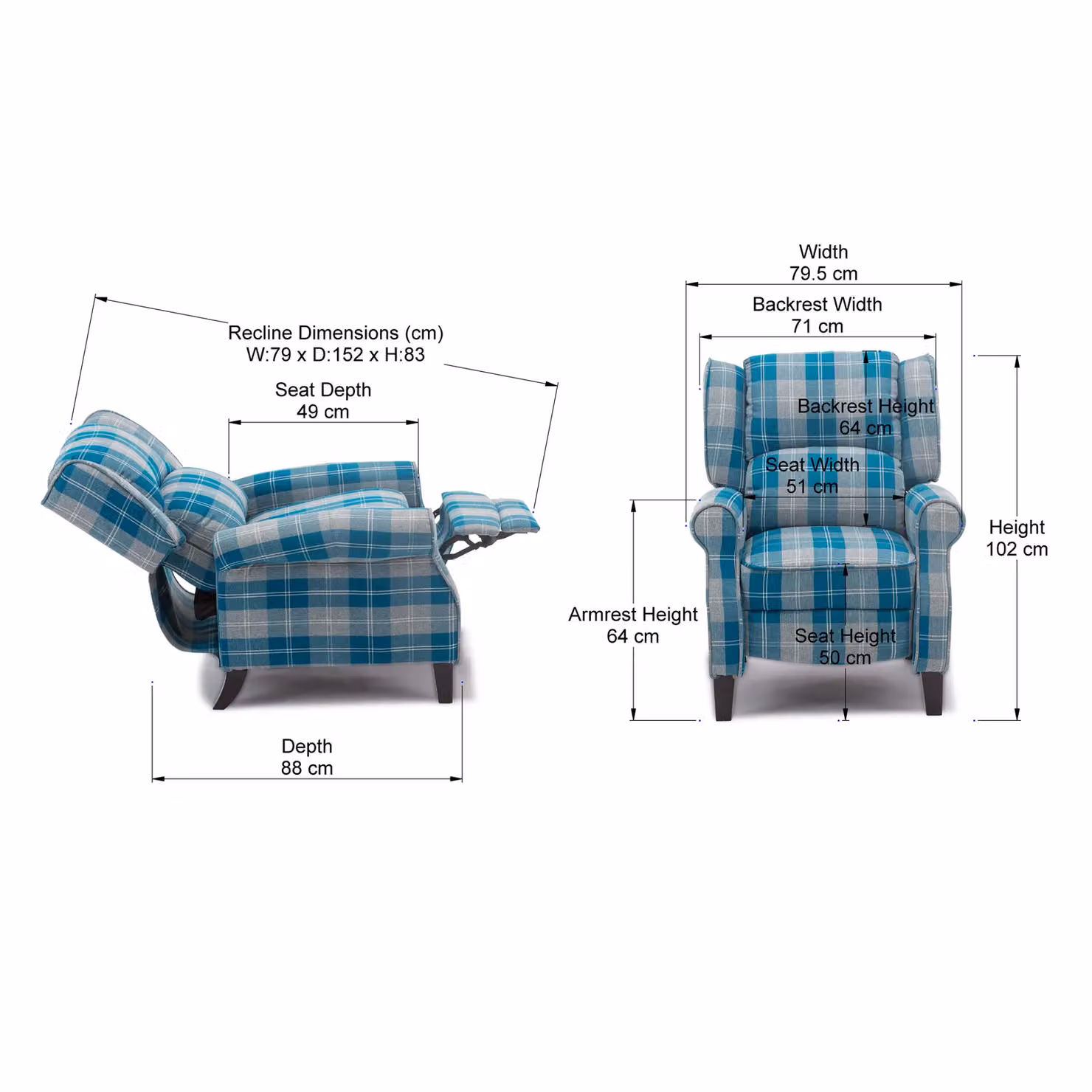 More4Homes Eaton Wing Back Checked Fabric Pushback Recliner Armchair in Blue – 4