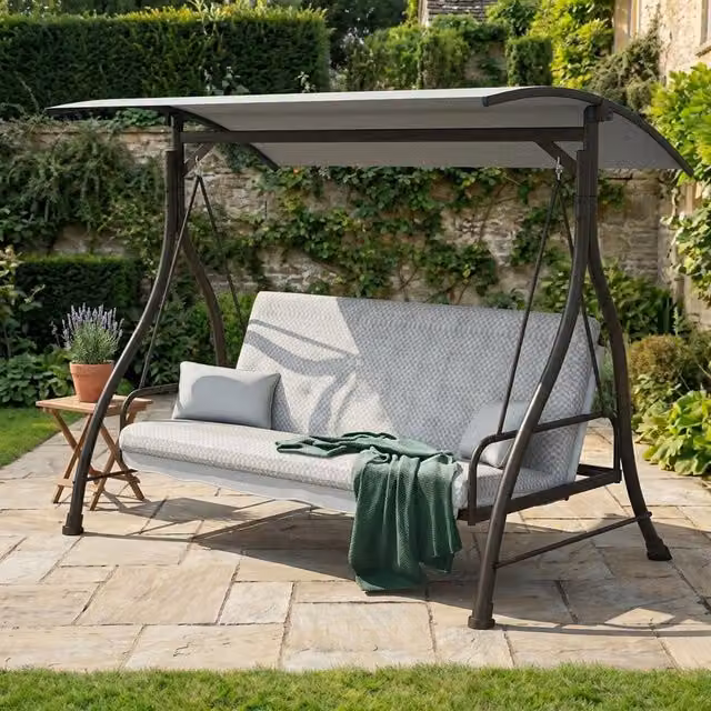 Malay Riviera 3 Seater Combo Swingbed in Grey with Sun Canopy and Cushions