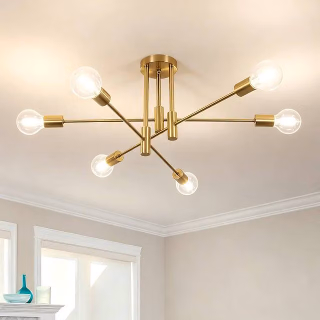 Goeco Industrial Retro 6-Light Ceiling Chandelier in Gold/Brass with E27 Base