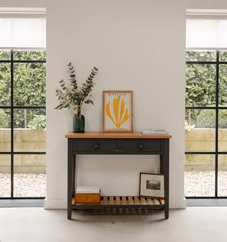 Ludlow Statement Furniture Console Table with Drawers and Oak Top in Slate Grey, W: 102 cm, H: 80 cm, D: 30.4 cm – 1