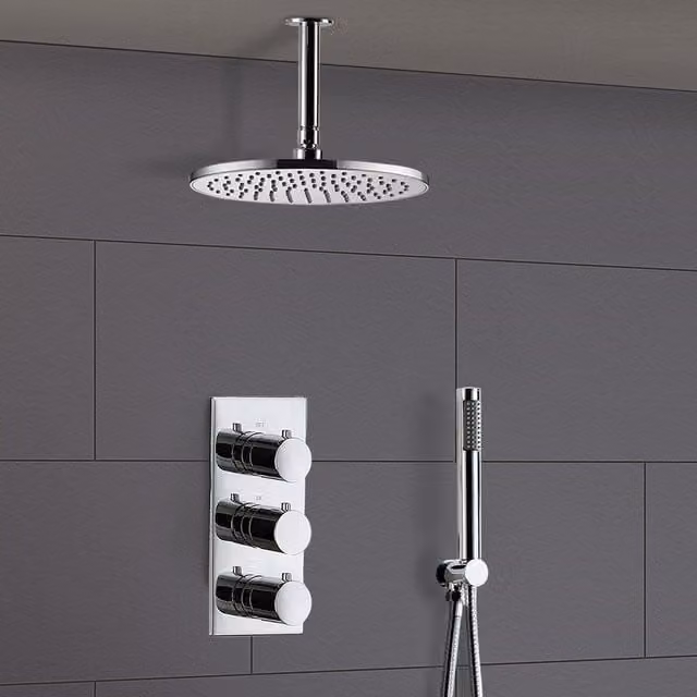 Nes Home Calla Round Concealed Thermostatic Shower Mixer Set with Ceiling Head and Handset in Silver