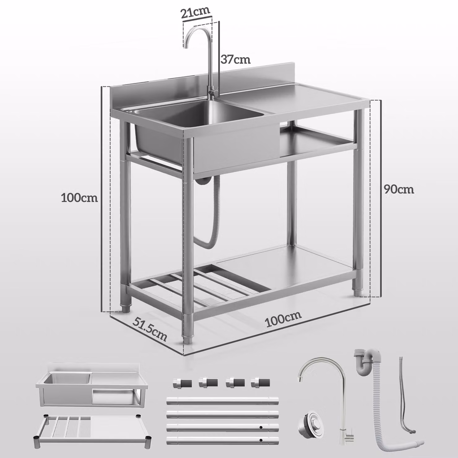 HOMCOM Outdoor Stainless Steel Kitchen Sink, Freestanding Single Bowl with Hot and Cold Water Pipes and Storage Shelves, Silver – 2