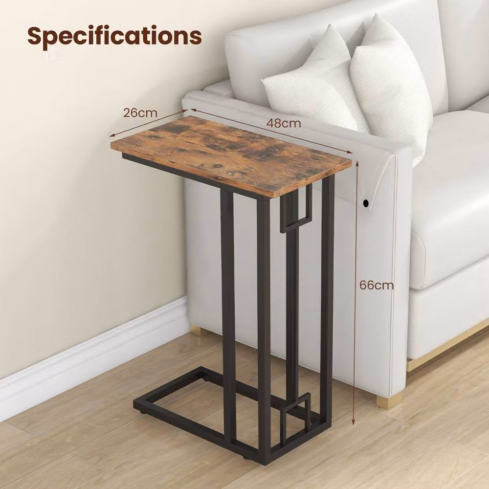 Gymax C-Shaped Side Table with Metal Frame in Brown – 2