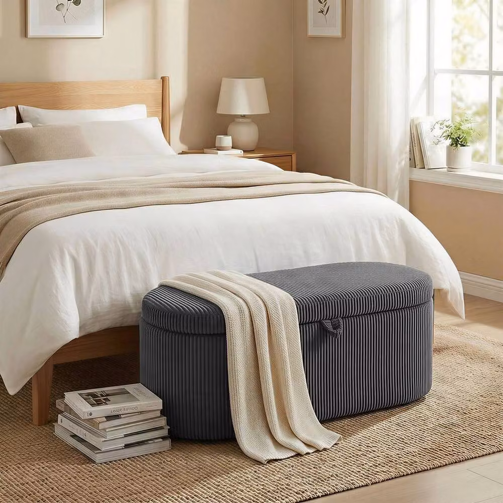 KORVIXA Grey Corduroy Ottoman Storage Box with Padded Seat, W/D/H: 100 x 100 x 45 cm – 3