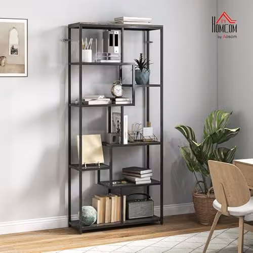 HOMCOM 7-Tier Industrial Geometric Bookshelf, Grey and Black, W: 80.0 cm, D: 30.0 cm, H: 180.0 cm – 2