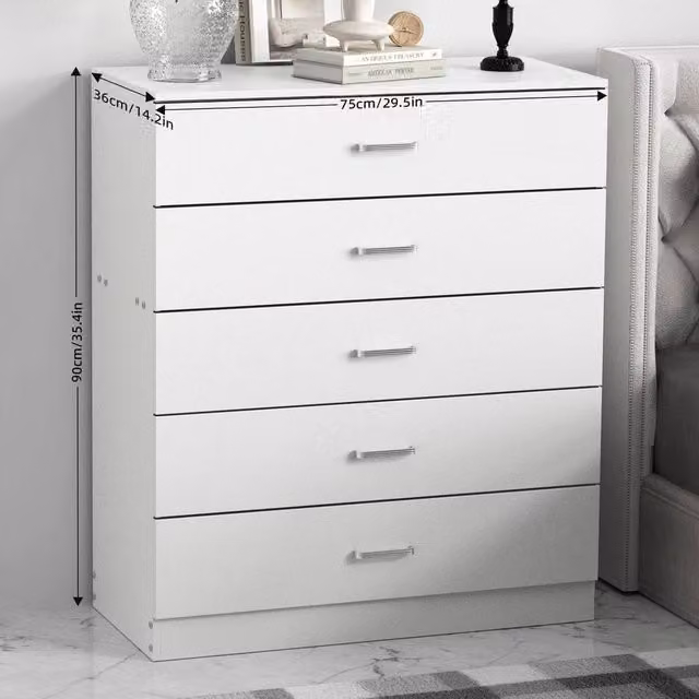 FORGEVIO Modern 5 Drawer Chest of Drawers with Metal Handles in White