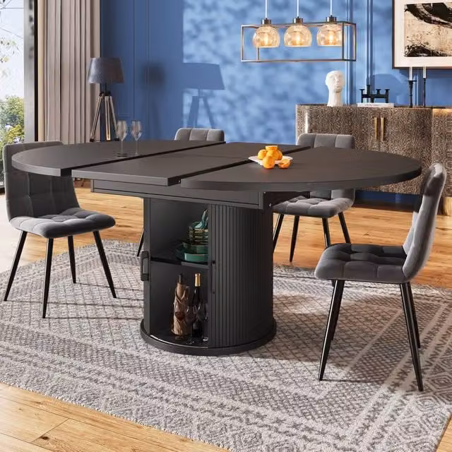 Merax Extendable Round to Oval Glass Dining Table with Butterfly Leaf in Black – 1