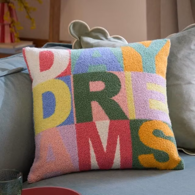 furn Daydreams Reversible Slogan Tufted Micro Bouclé Decorative Cushion, Multicolour, W/D/H: 43 x 43 x 43 cm