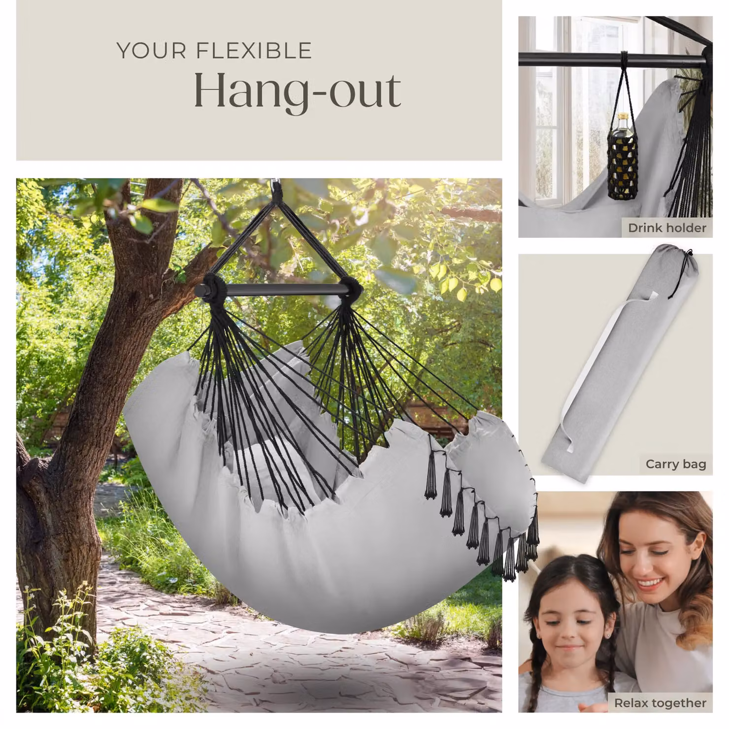 tectake Malika Boho Style Hanging Chair with Stand in Grey – 6