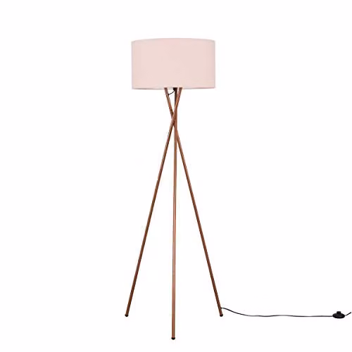 ValueLights Camden Modern Copper Metal Tripod Floor Lamp with Dusty Pink Fabric Drum Shade – 1