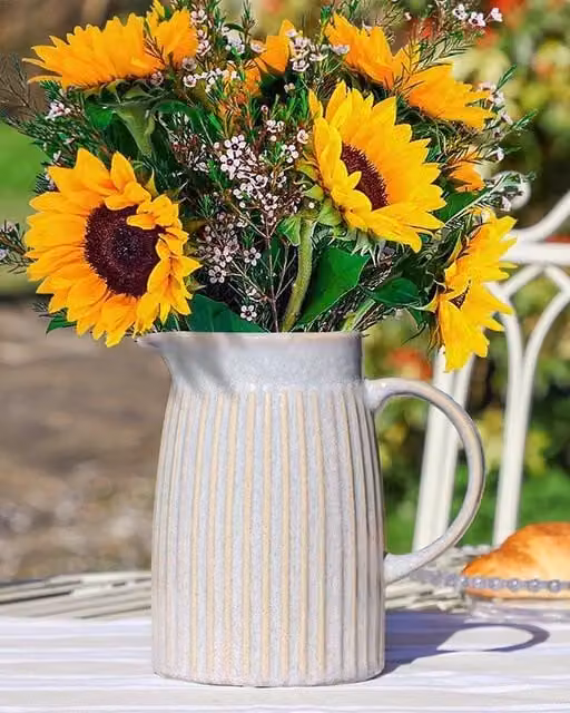 Dibor Large Rustic Ceramic Flower Pot and Pitcher Jug Vase in Blue Striped Design