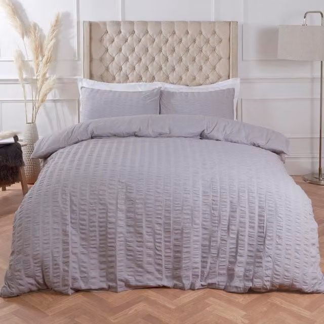 Highams Seersucker Duvet Cover and Pillowcase Bedding Set in Silver Grey, W: 180 cm, D: 200 cm