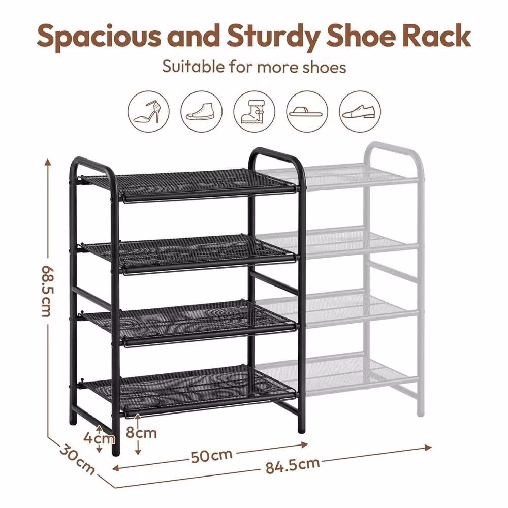 VOGREX Black 4 Tier Expandable Metal Wire Mesh Shoe Rack Entryway Organizer – 2