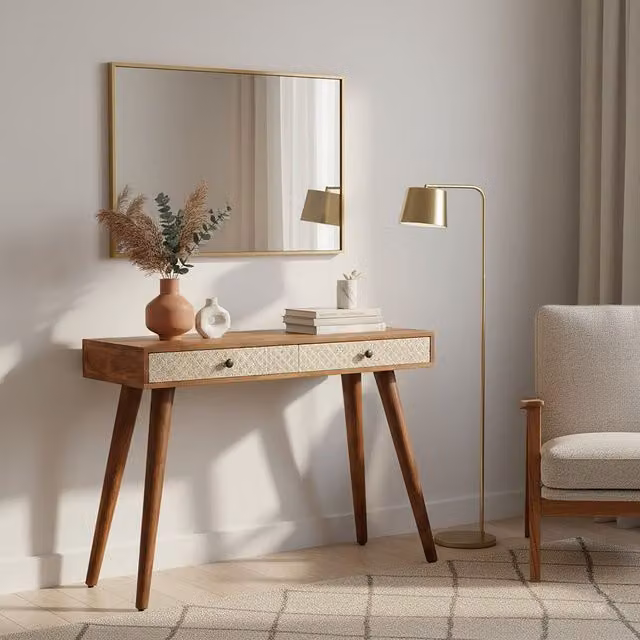 Orsina Acacia Wood Console Table with 2 Embossed Floral Drawers in Natural Brown – 1