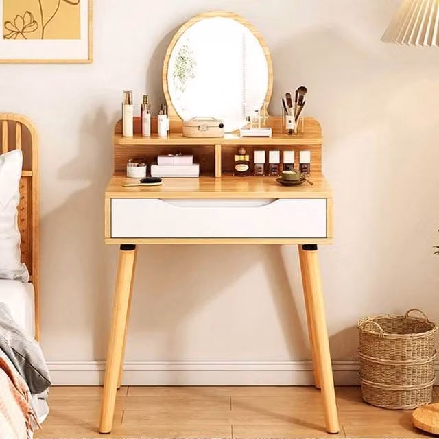 ERGOVEXA Scandinavian Style Bedroom Dressing Table with Mirror and Storage Shelf in Brown – 1