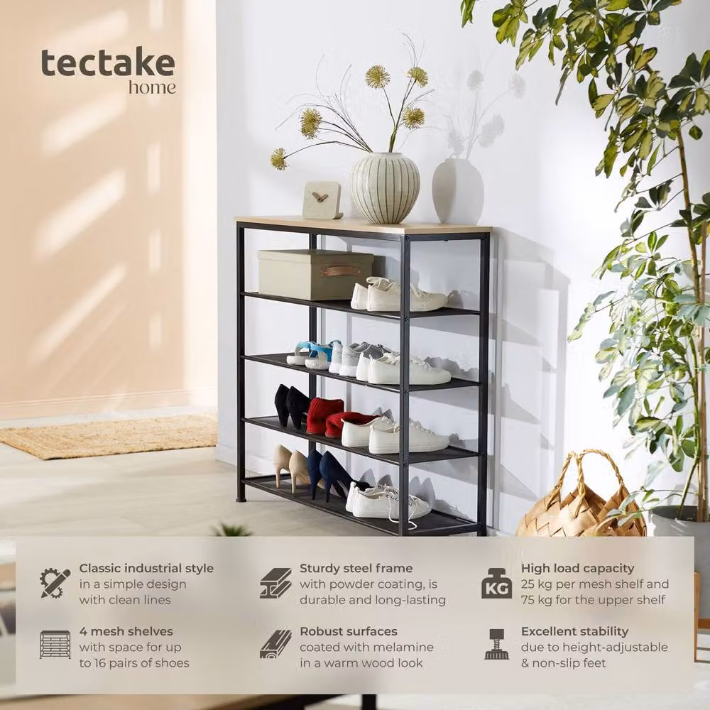 tectake Sheffield Industrial Freestanding Shoe Rack in Light Oak – 2