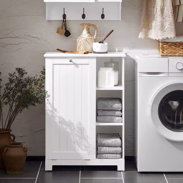 SoBuy White Modern Bathroom Tall Cabinet with Sliding Doors and Internal Shelves – 1