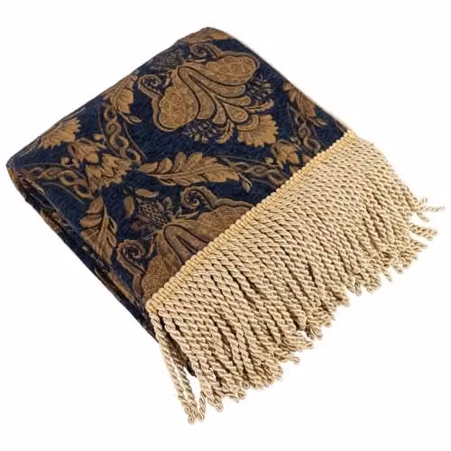 Paoletti Shiraz Floral Jacquard Fringed Throw in Navy and Gold, W: 130 cm, L: 170 cm