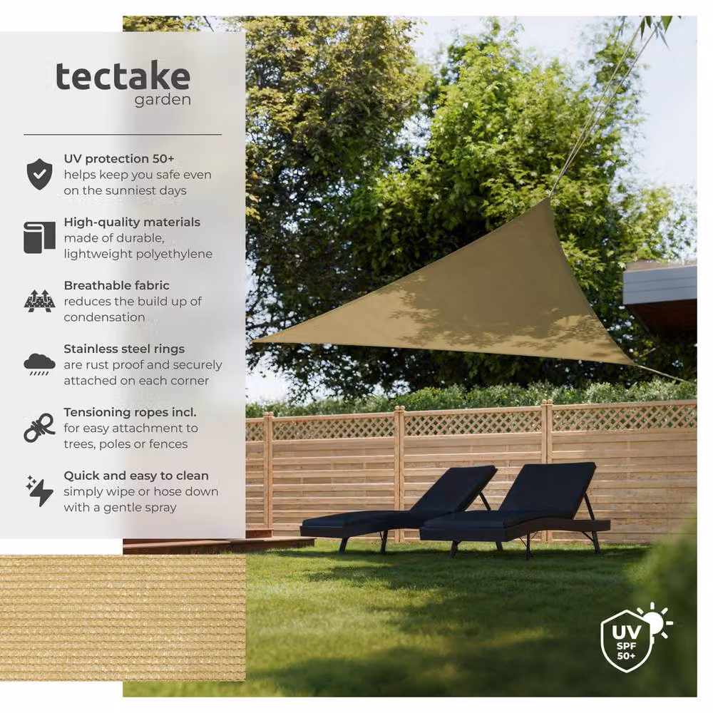 tectake Triangular Shade Sail with UV Protection 50+ and Water-Repellent Feature in Beige – 2