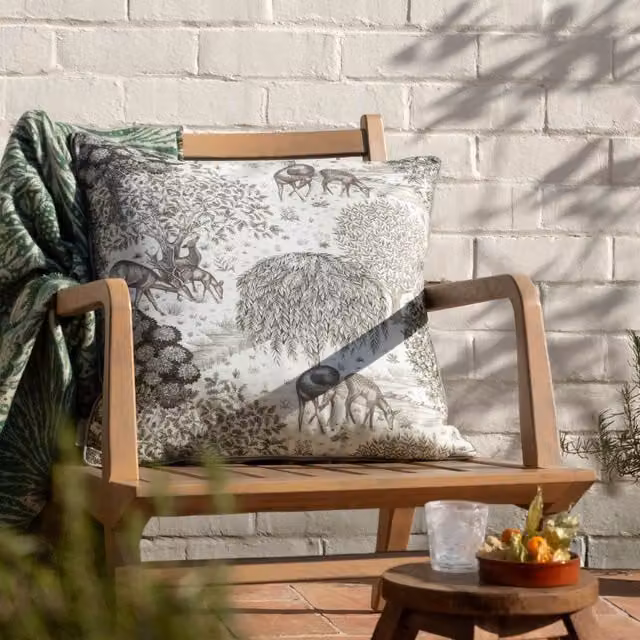 Morris & Co. The Brook Floral Printed Outdoor Linen Cushion in Beige, W/D/H: 55 x 55 x 55 cm