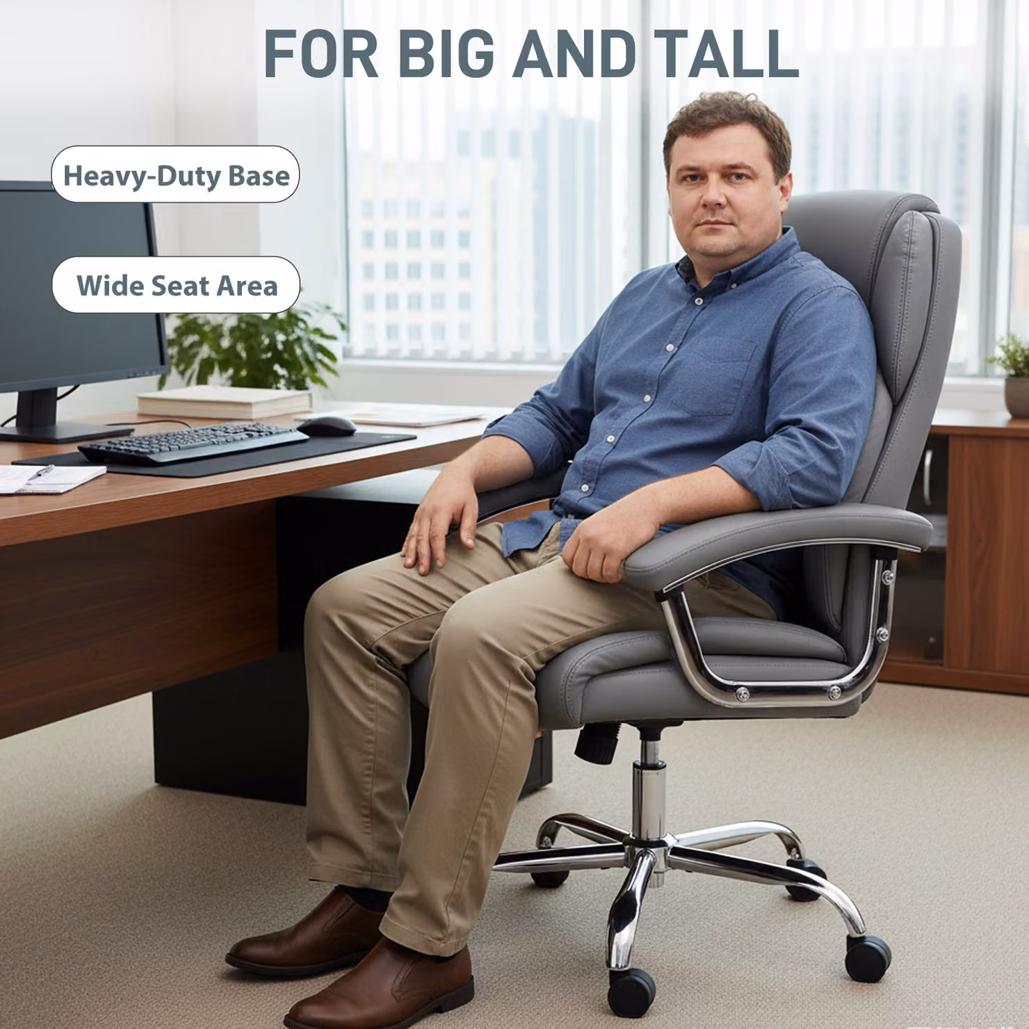 HOMCOM Big and Tall Executive Office Chair in Grey PU Leather with Headrest and Armrests, 180kg Capacity – 5
