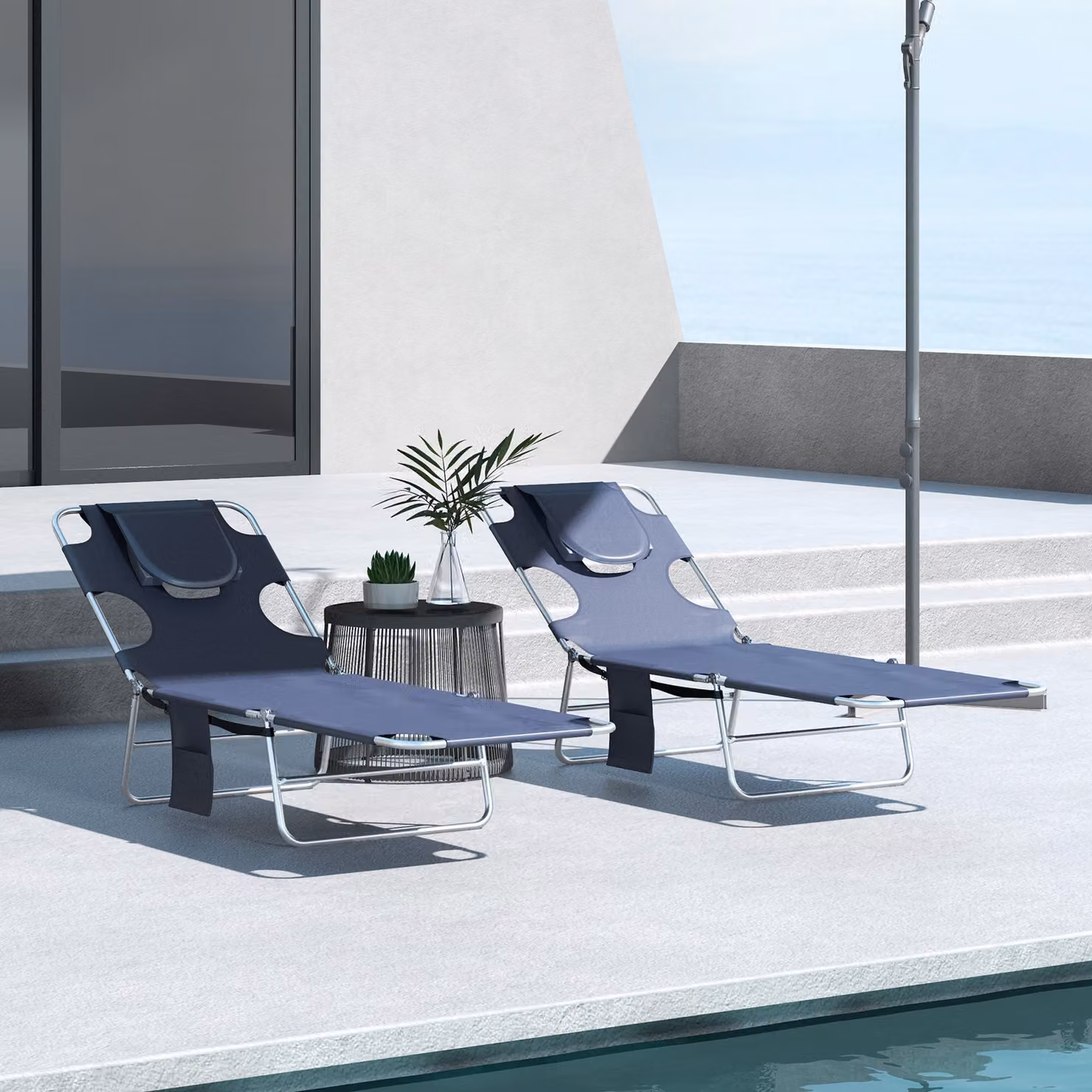 Outsunny Set of 2 Blue Foldable Sun Loungers with 5-Level Adjustable Backrest and Reading Hole – 2