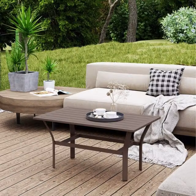Outsunny Metal Garden Coffee Table with Slatted Tabletop, Brown, W: 55.0 cm, D: 91.5 cm, H: 1.0 cm