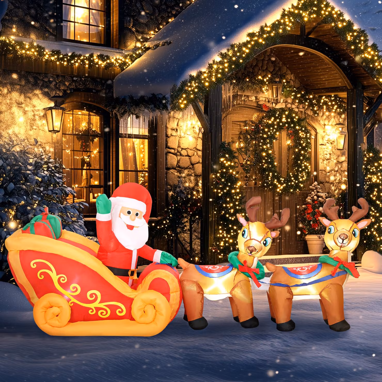 Outsunny 7.9ft Christmas Inflatable Santa on Sleigh with Two Reindeer, Multicolour Outdoor Blow Up Decoration with Built-in LED Lights – 6