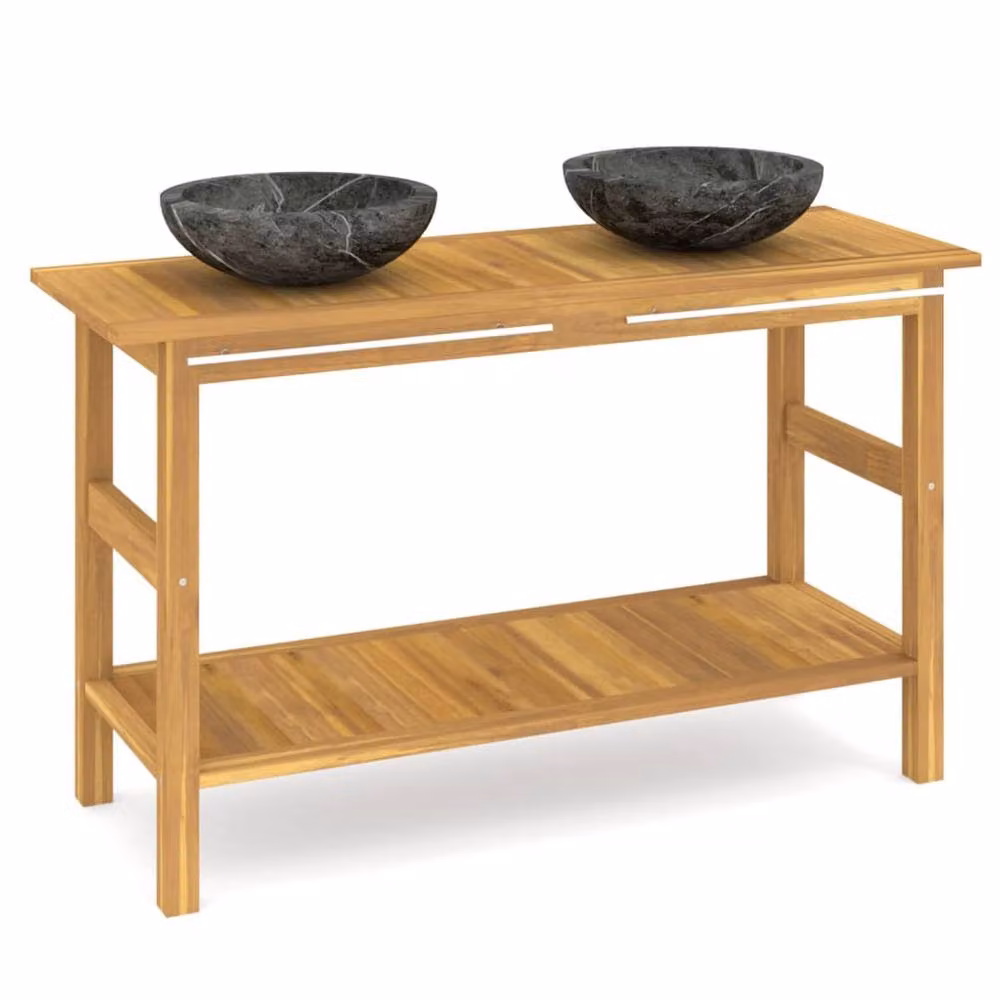 Berkfield Home Freestanding Teak Bathroom Vanity Cabinet with Black Marble Sinks – 2