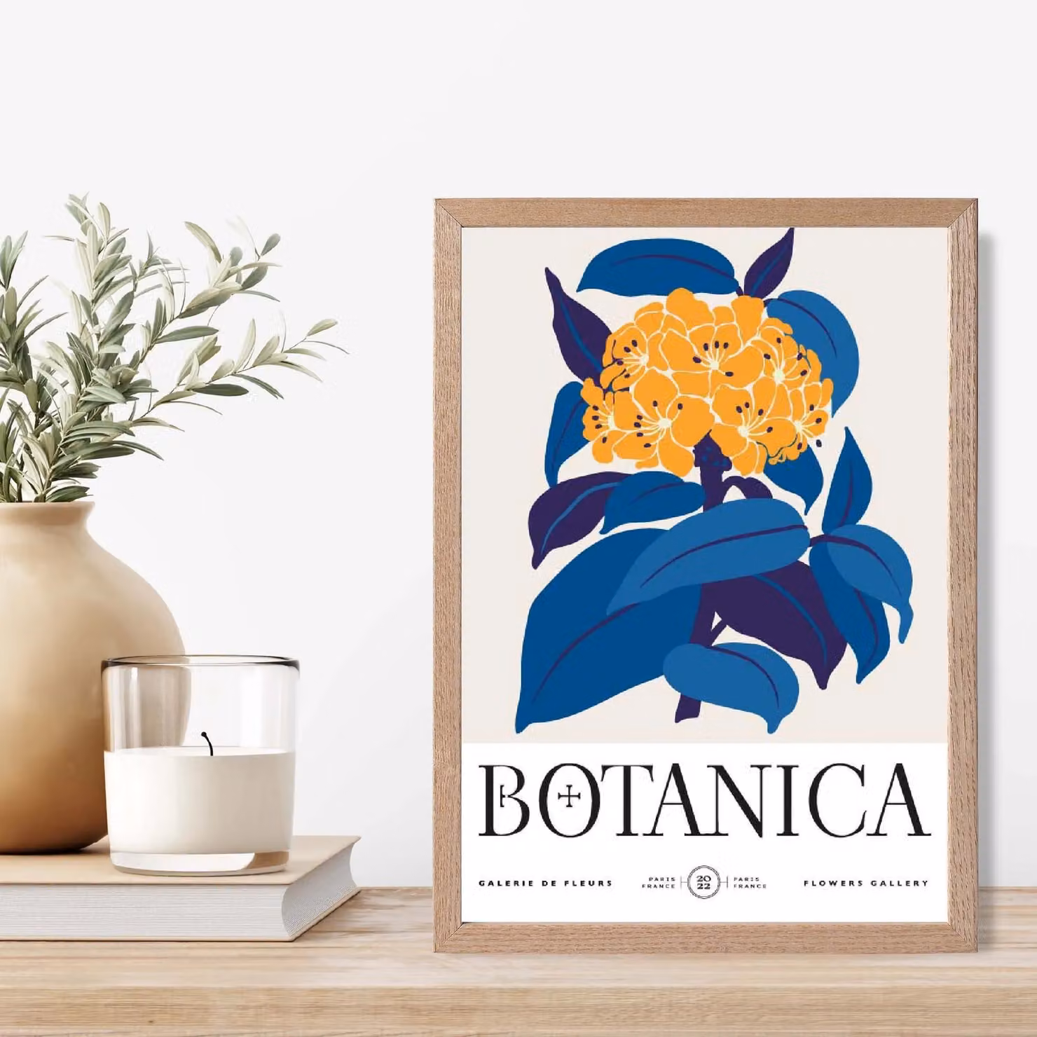 ARTZE Yellow and Blue Hydrangea Flower Market Botanical Illustration Framed Print with Oak Frame, A4 – 2