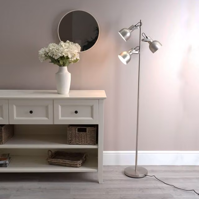 ValueLights Albie 3 Arm Adjustable Spotlight Floor Lamp with LED Bulbs, Silver