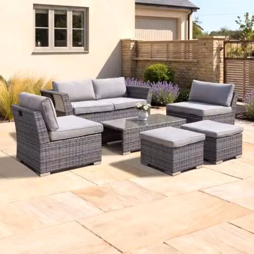 CHARLES BENTLEY St Tropez 6 Seater Rattan Lounge Set in Grey with Removable Cushions, W/D/H: 157 x 75 x 65 cm