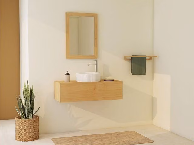 Vente-unique Tidore Suspended Mindi Wood Vanity Unit in Light Oak Brown, Width: 95 cm – 1
