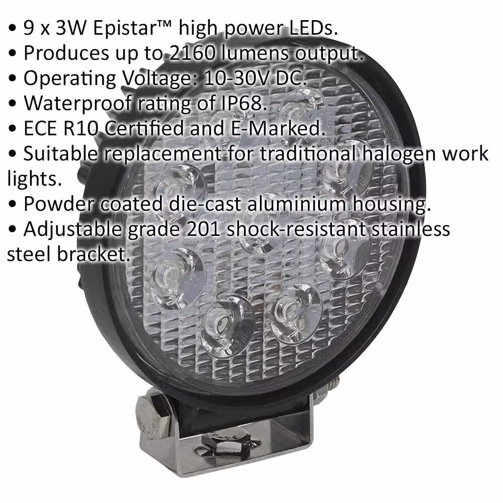 Loops Waterproof 27W SMD LED Work Light with Adjustable Mounting Bracket, Black, Diameter: 11.5 cm – 2