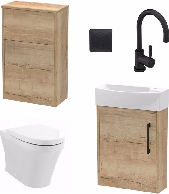 Balterley Modern Left Hand Cloakroom Suite with Vanity, WC, Toilet and Tap Set in Oak, Black and Grey, 440mm – 1