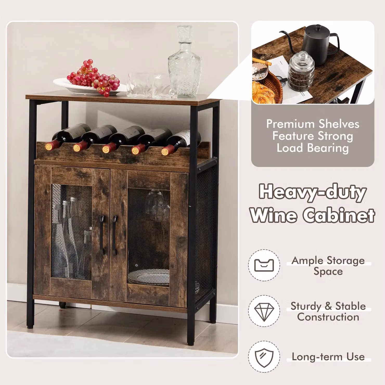 Costway Industrial Wine Bar Cabinet and Kitchen Storage Sideboard with Wine Rack and Glass Holders in Brown – 2