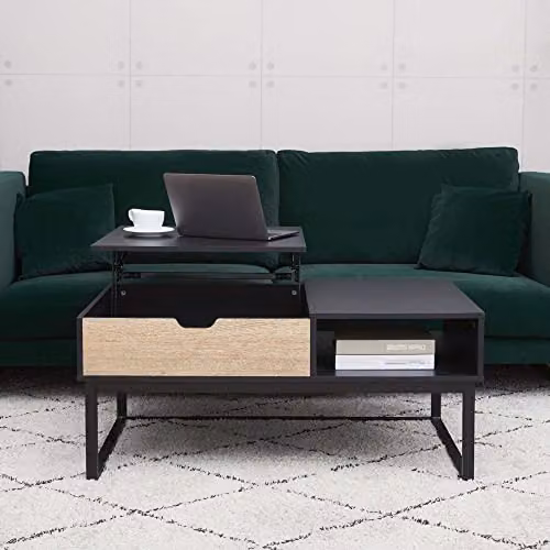 Teamson Home Bryson Modern Rectangular Wooden Coffee Table with Adjustable Lift-Top and Storage, Black, W: 60.3 cm, D: 45.1 cm, H: 36.3 cm – 2